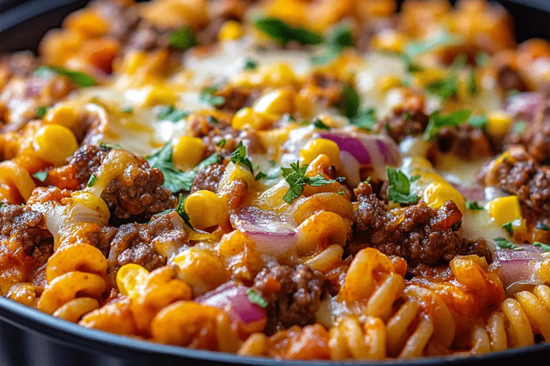 Cheddar Ranch Beef & Corn Rotini Bake