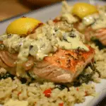 Spinach & Crab Stuffed Salmon with Lemon Cream Sauce