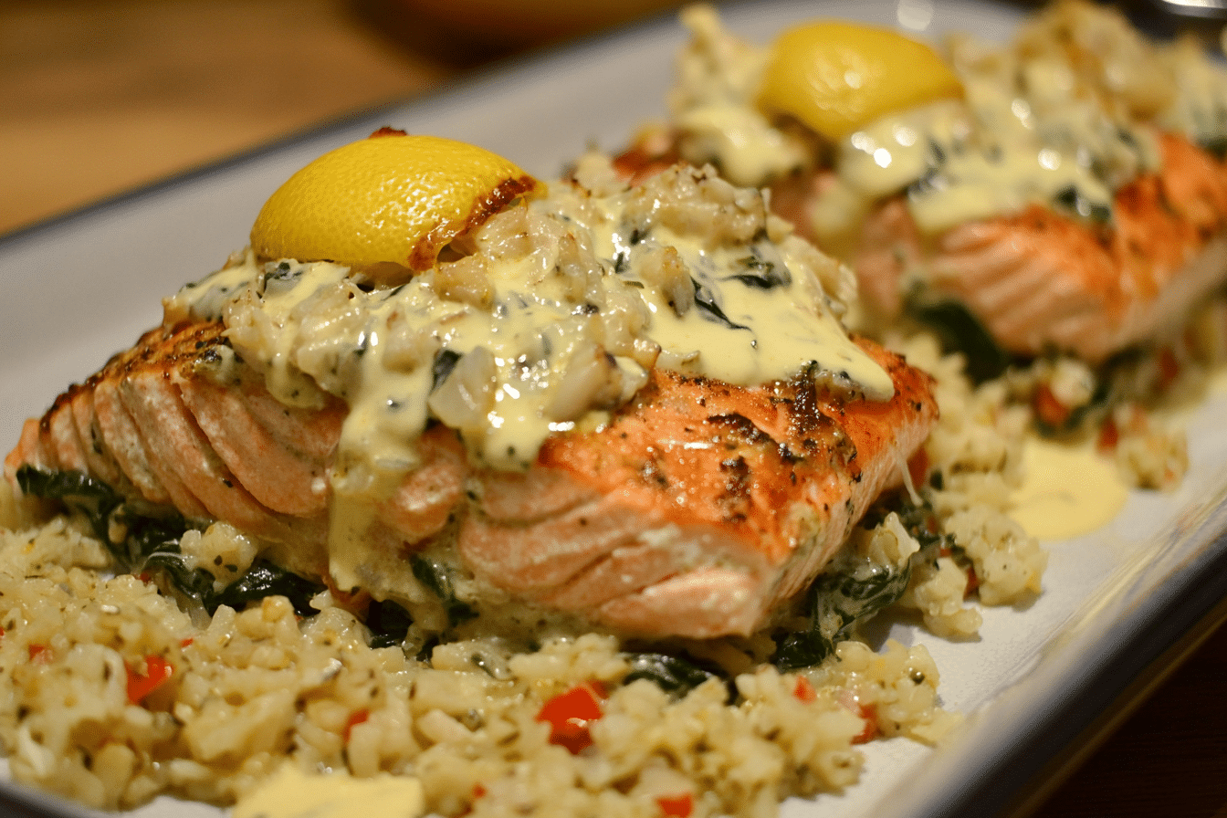 Spinach & Crab Stuffed Salmon with Lemon Cream Sauce