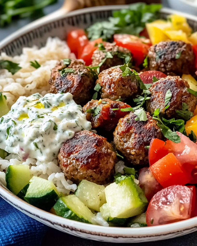 Greek Meatball Bowl with Tzatziki, Rice & Fresh Veggies