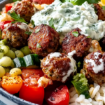 Greek Meatball Bowl with Tzatziki, Rice & Fresh Veggies