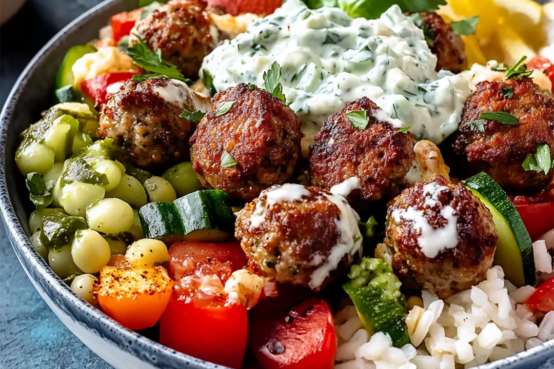 Greek Meatball Bowl with Tzatziki, Rice & Fresh Veggies