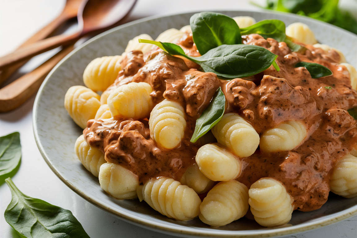 Creamy Gnocchi Bolognese with Spinach