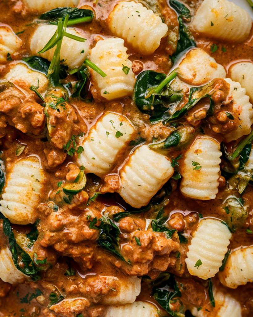 Creamy Gnocchi Bolognese with Spinach