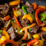 One Skillet Beef Tips with Peppers and Onions