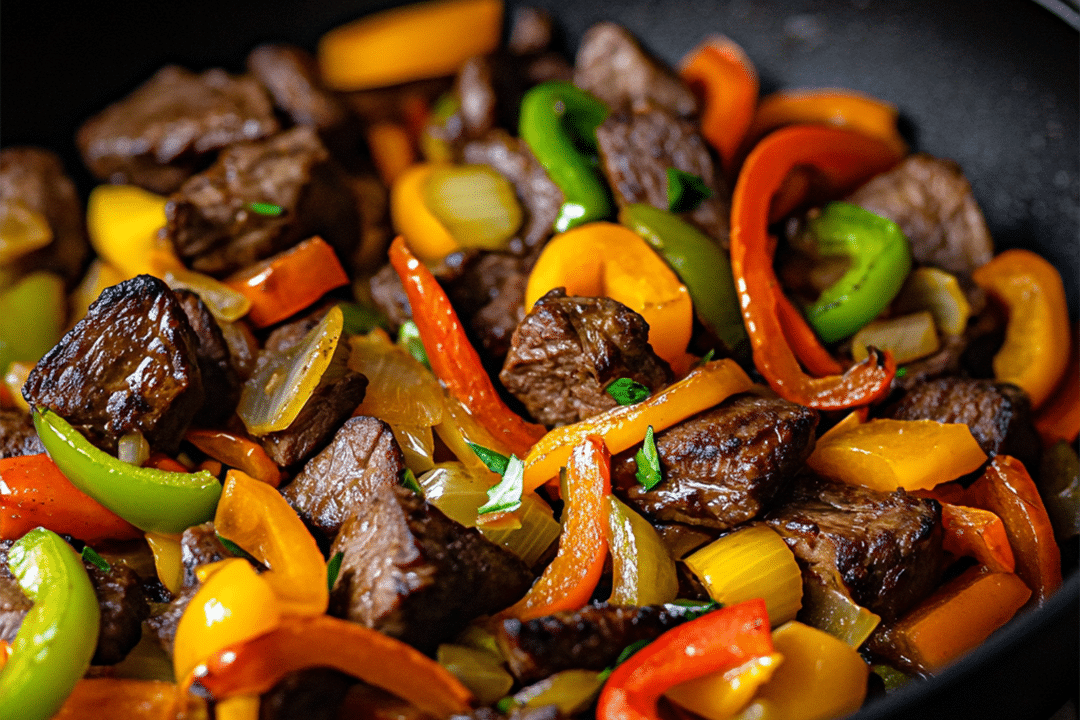 One Skillet Beef Tips with Peppers and Onions