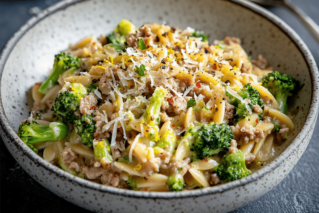 Creamy Lemon Pepper Ground Turkey and Broccoli Orzo