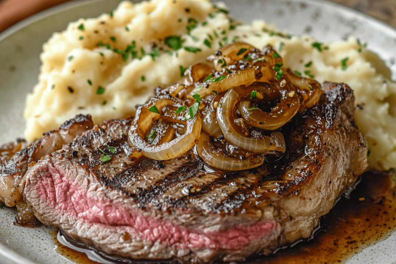 Pan-Seared Ribeye with Onions & Mash