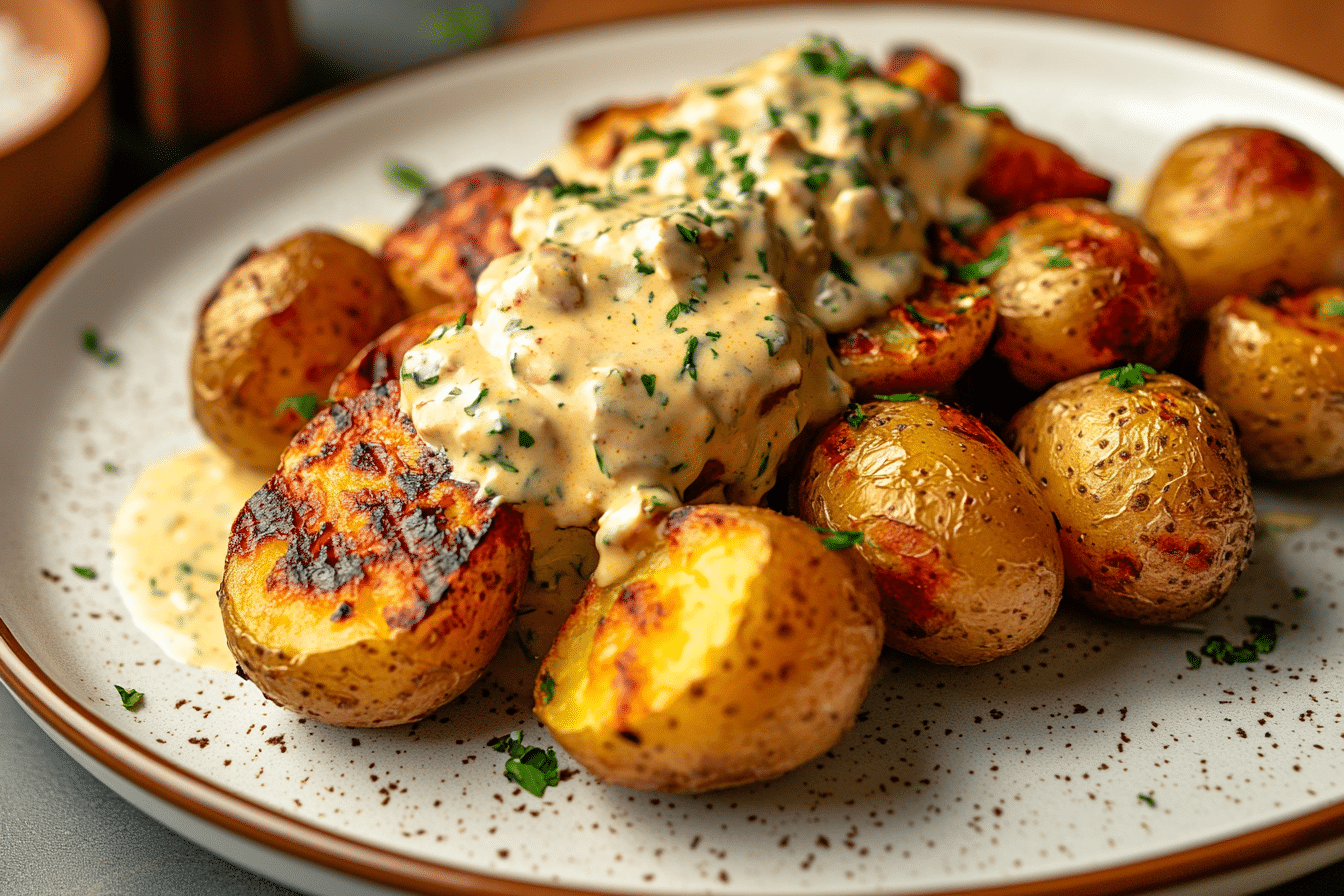 Grilled Potatoes with Creamy Chicken Sauce