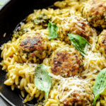 One Pan Baked Pesto Orzo with Chicken Meatballs