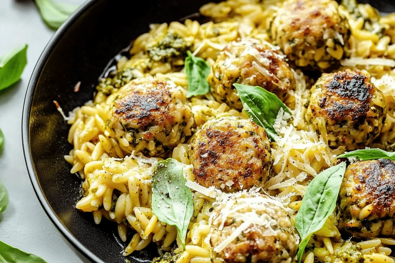 One Pan Baked Pesto Orzo with Chicken Meatballs