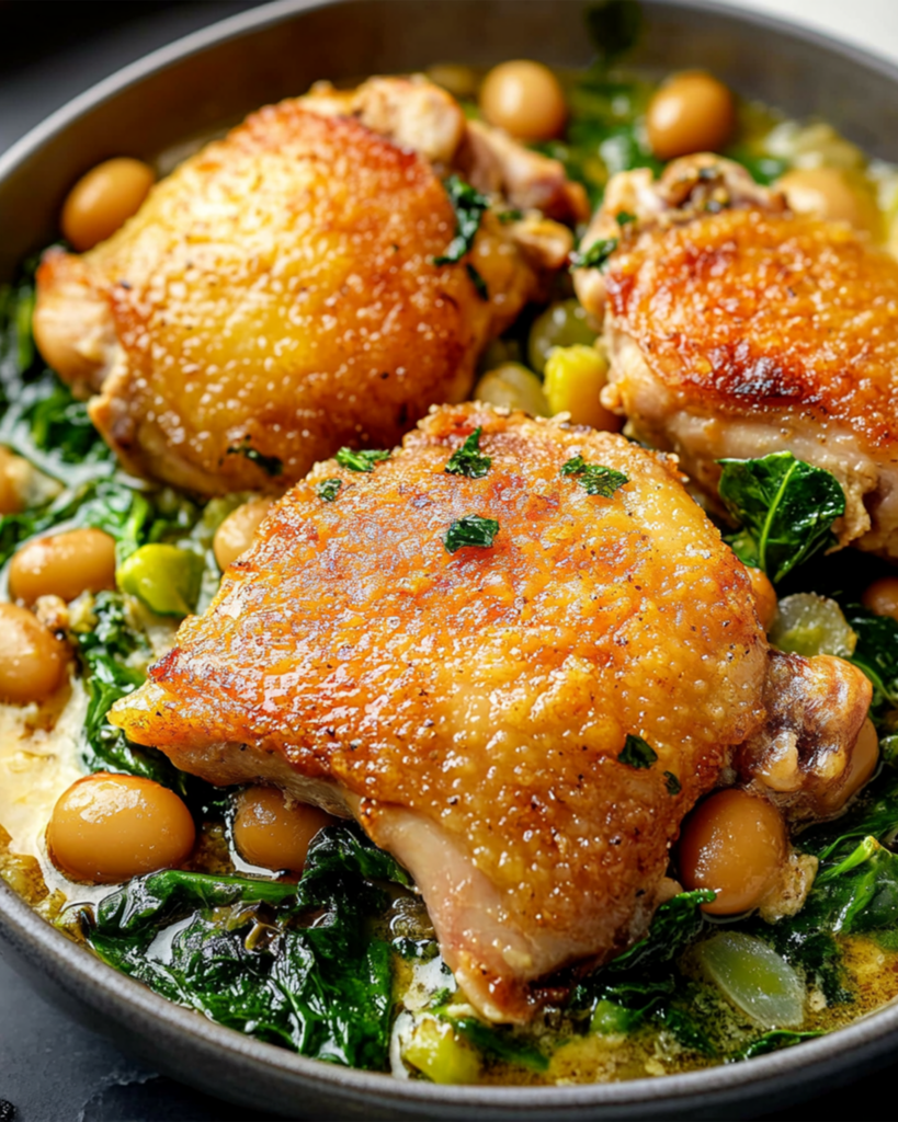 Pan-Fried Chicken Thighs with Beans and Spinach