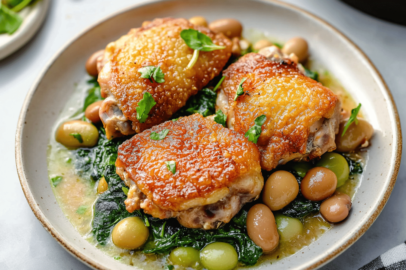 Pan-Fried Chicken Thighs with Beans and Spinach