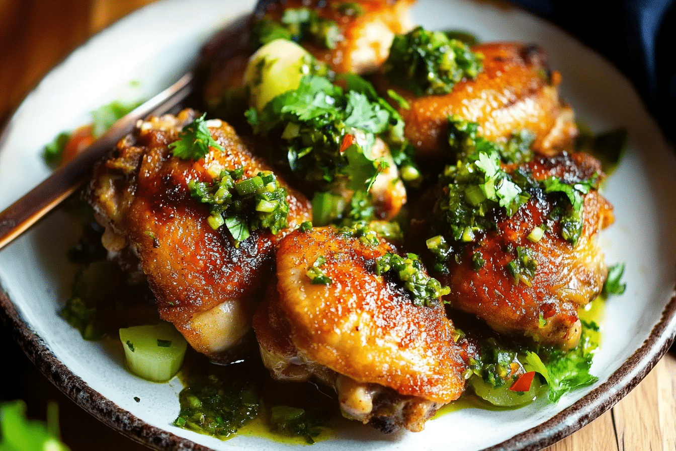 Crispy Chicken Thighs with Charred Green Onion Chimichurri