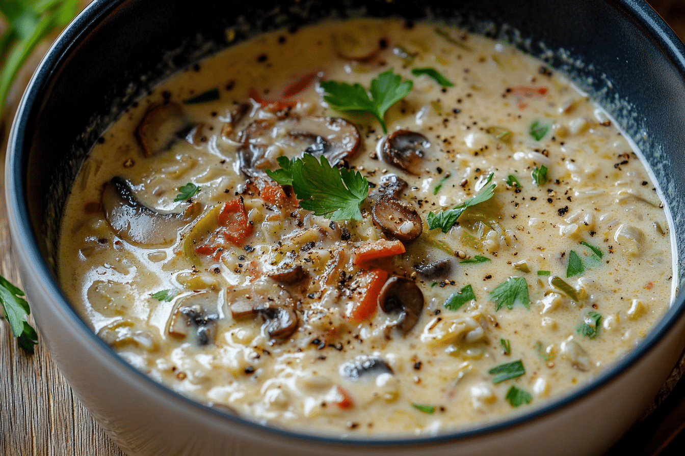 Leek, Mushroom, and Rice Creamy Soup
