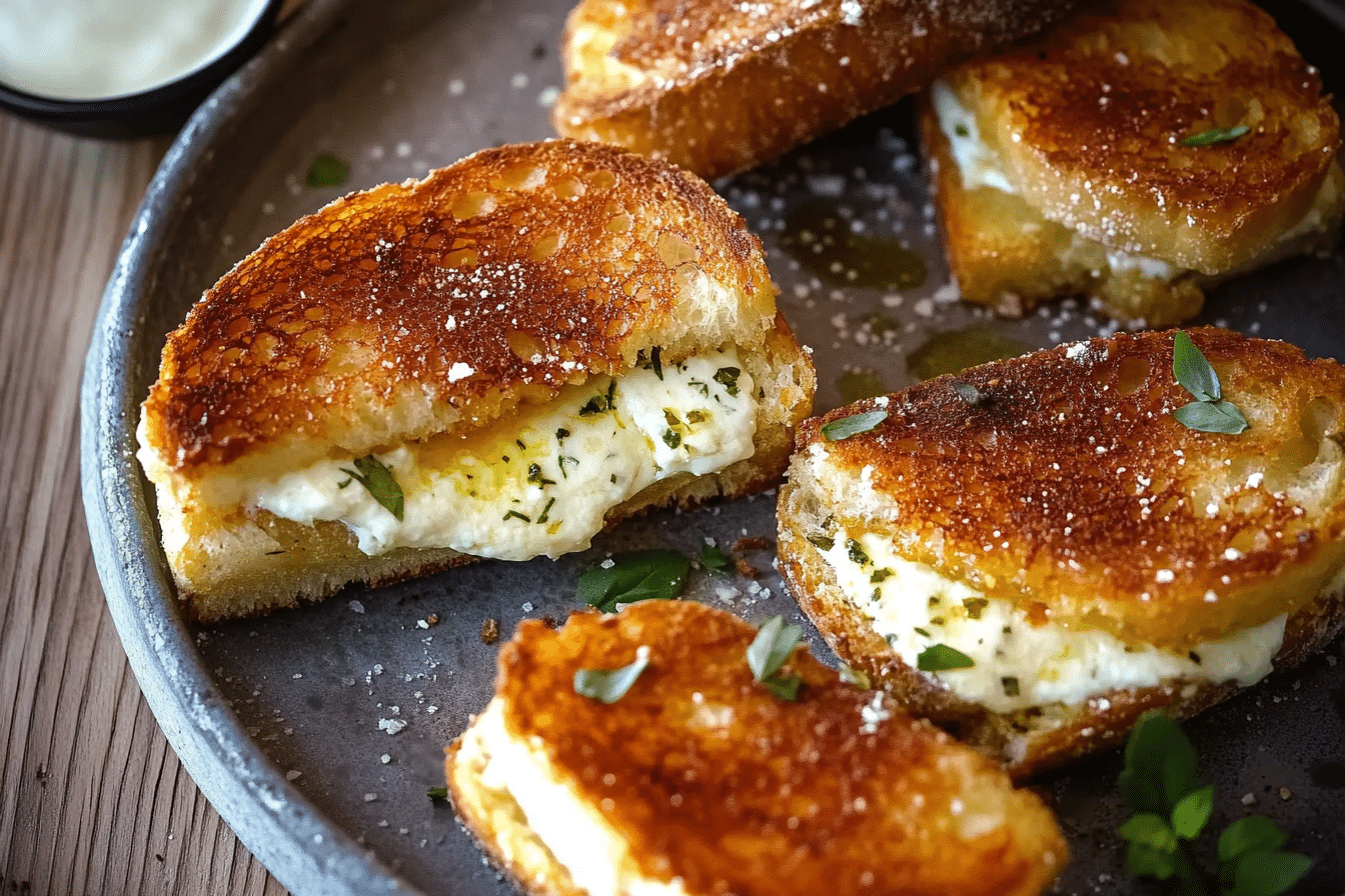 Fried Mozzarella Sandwiches on Herby Garlic Bread