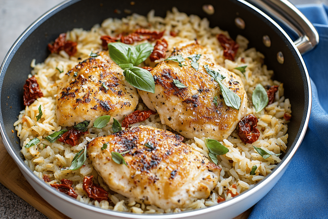 30-Minute Sun-Dried Tomato, Parmesan, and Basil Chicken and Rice