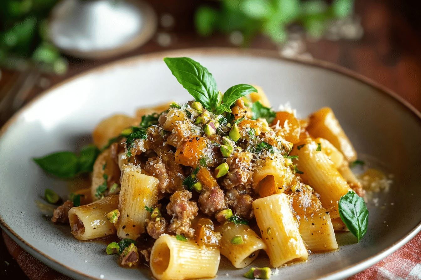 Caramelized Fennel Paccheri with Sausage & Pistachios