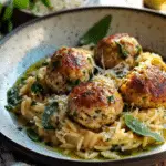 Baked Sage Chicken Meatballs with Parmesan Orzo