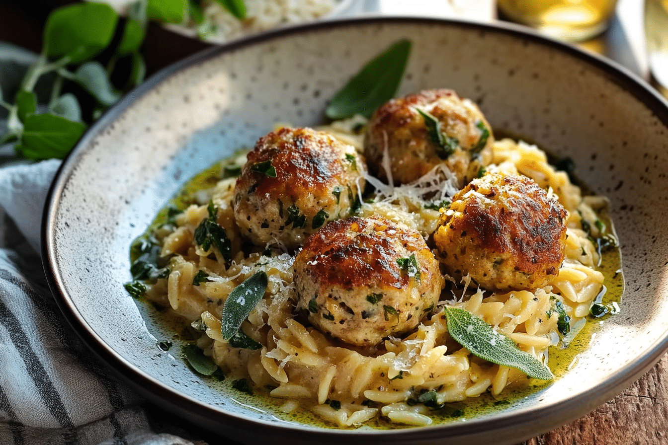 Baked Sage Chicken Meatballs with Parmesan Orzo
