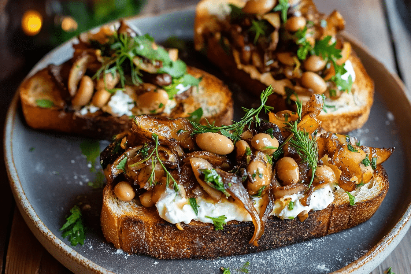 Lemony Mushroom Mascarpone Toast with Beans & Herbs