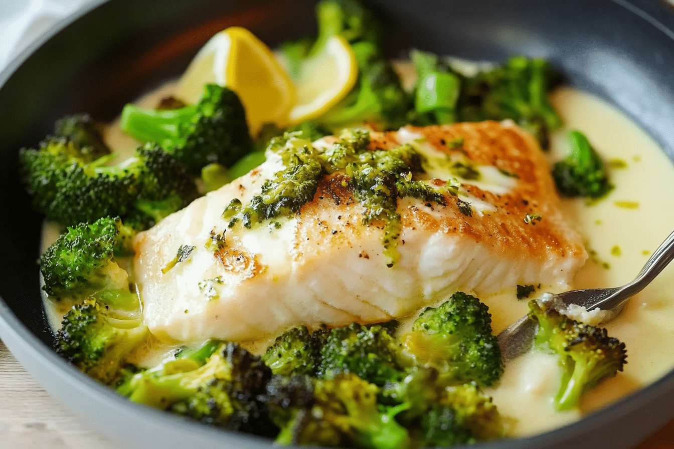 One-Pan Fish & Broccoli in Lemon Butter Caper Sauce