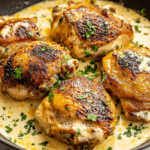 This Skillet Chicken Thighs with Cream Sauce recipe is the perfect balance of comfort and elegance. Juicy, well-seasoned chicken thighs are seared to golden perfection and smothered in a rich, creamy garlic sauce with a hint of lemon. Whether you’re looking for high-protein recipes for dinner, a healthy recipe for lunch, or an easy dinner recipe, this dish brings fine dining flavors to your table in just 30 minutes! Skillet Chicken Thighs with Cream Sauce