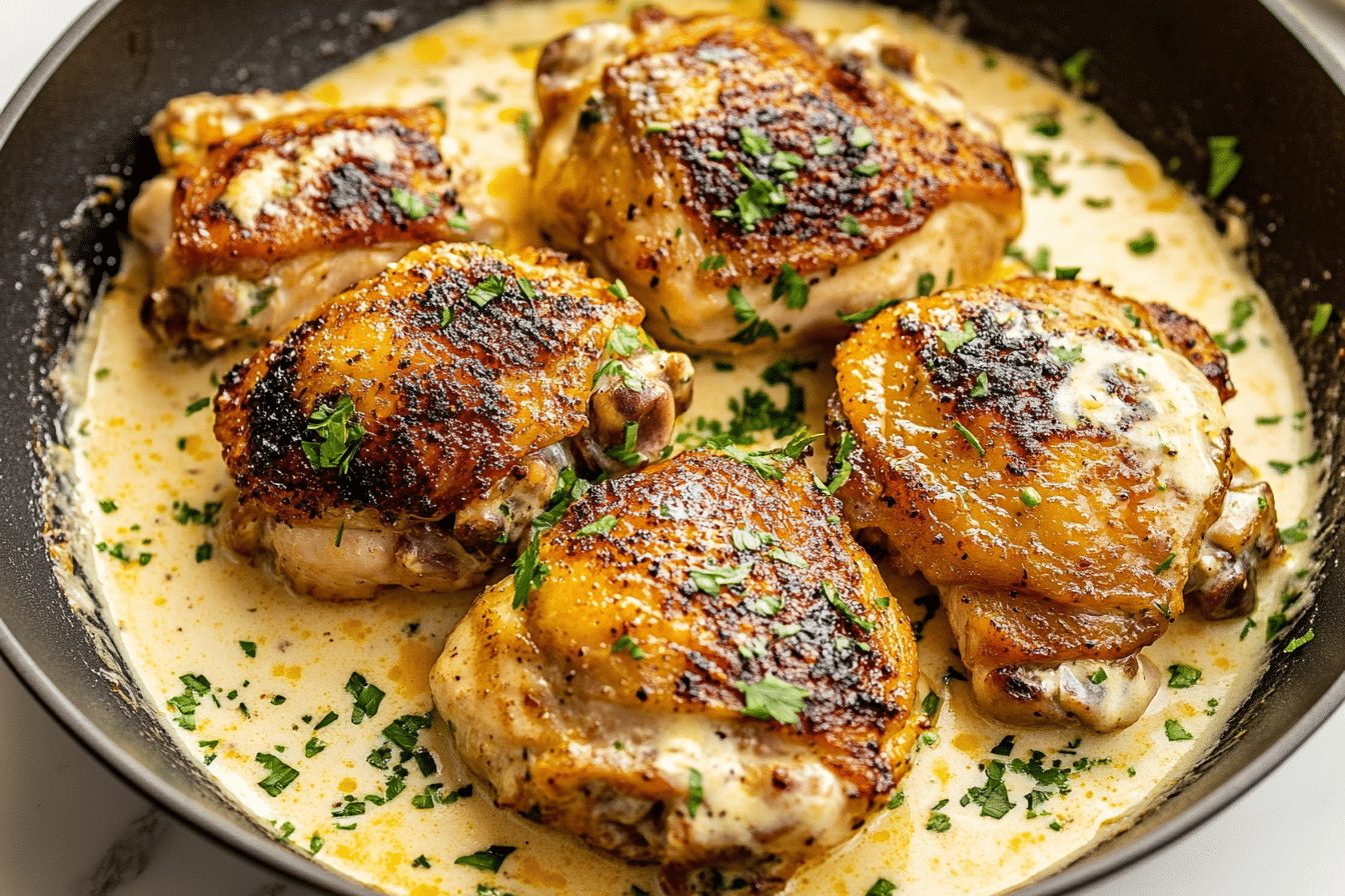This Skillet Chicken Thighs with Cream Sauce recipe is the perfect balance of comfort and elegance. Juicy, well-seasoned chicken thighs are seared to golden perfection and smothered in a rich, creamy garlic sauce with a hint of lemon. Whether you’re looking for high-protein recipes for dinner, a healthy recipe for lunch, or an easy dinner recipe, this dish brings fine dining flavors to your table in just 30 minutes! Skillet Chicken Thighs with Cream Sauce