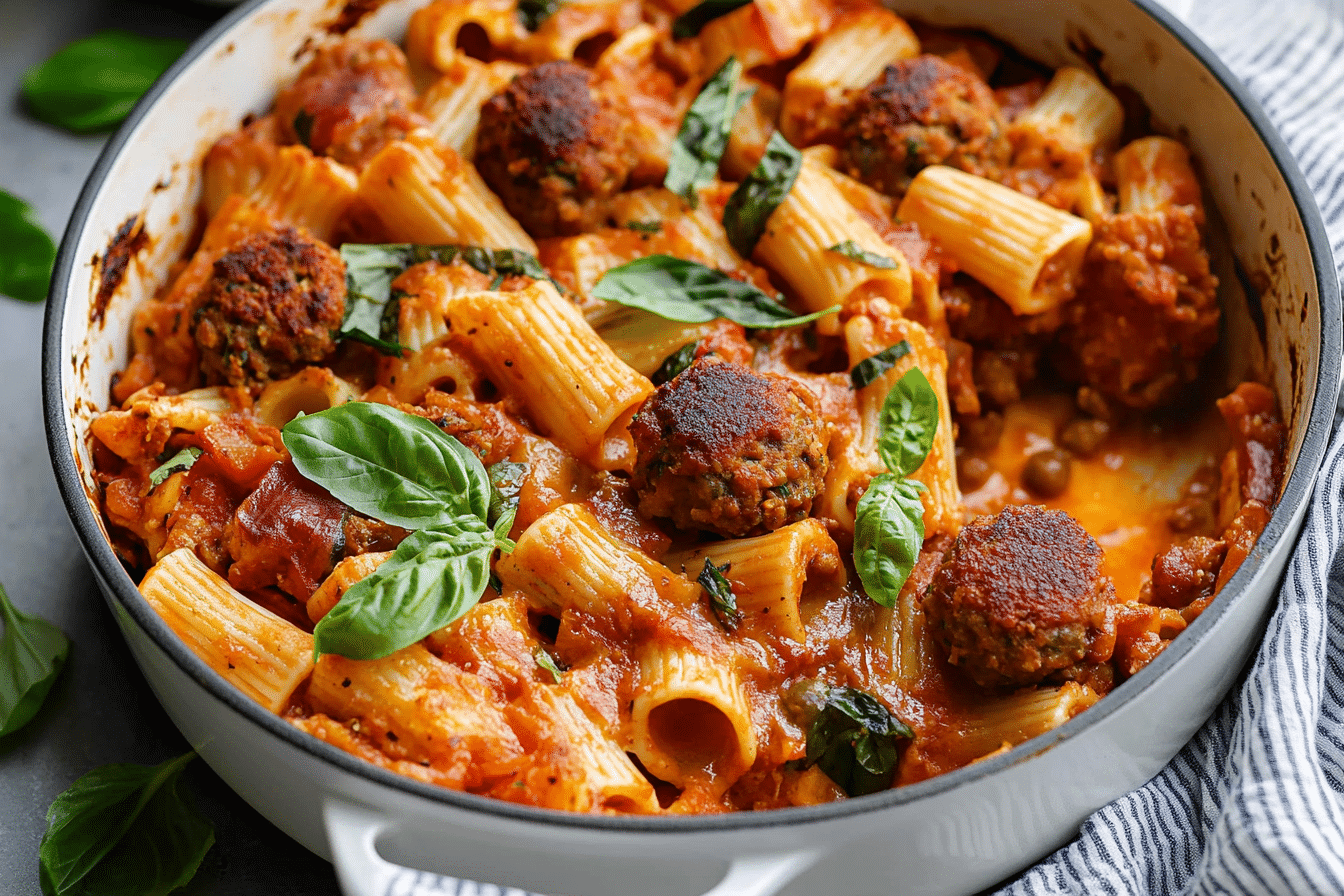 One Pot Vegan Meatball Pasta Bake