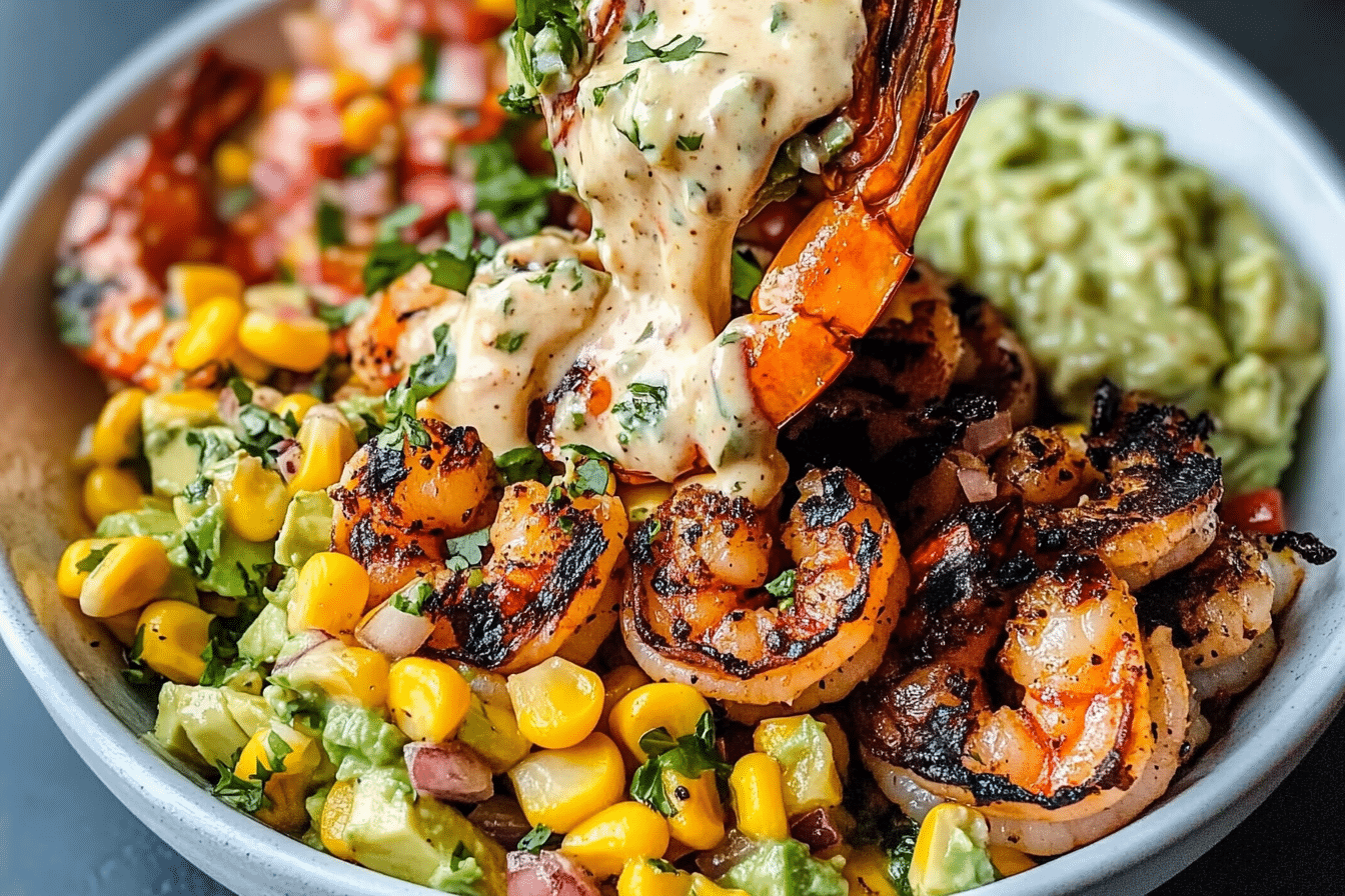 Grilled Shrimp Bowl with Avocado Corn Salsa and Creamy Sauce