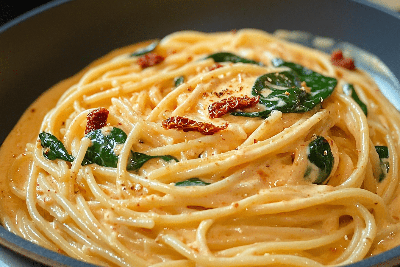 Spaghetti & Spinach with Sun-Dried Tomato Cream Sauce