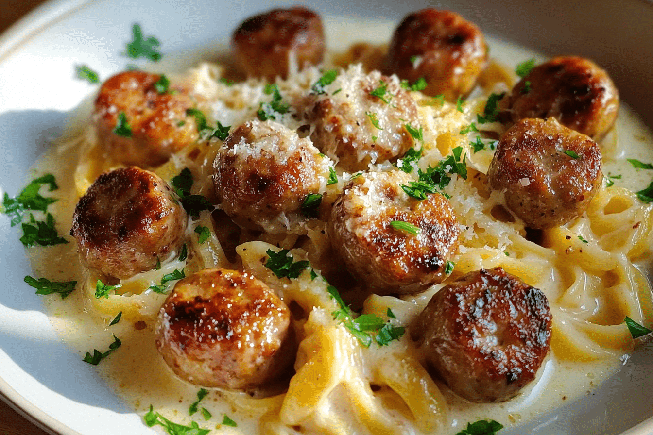 Garlic Butter Sausage Bites with Creamy Parmesan Pasta