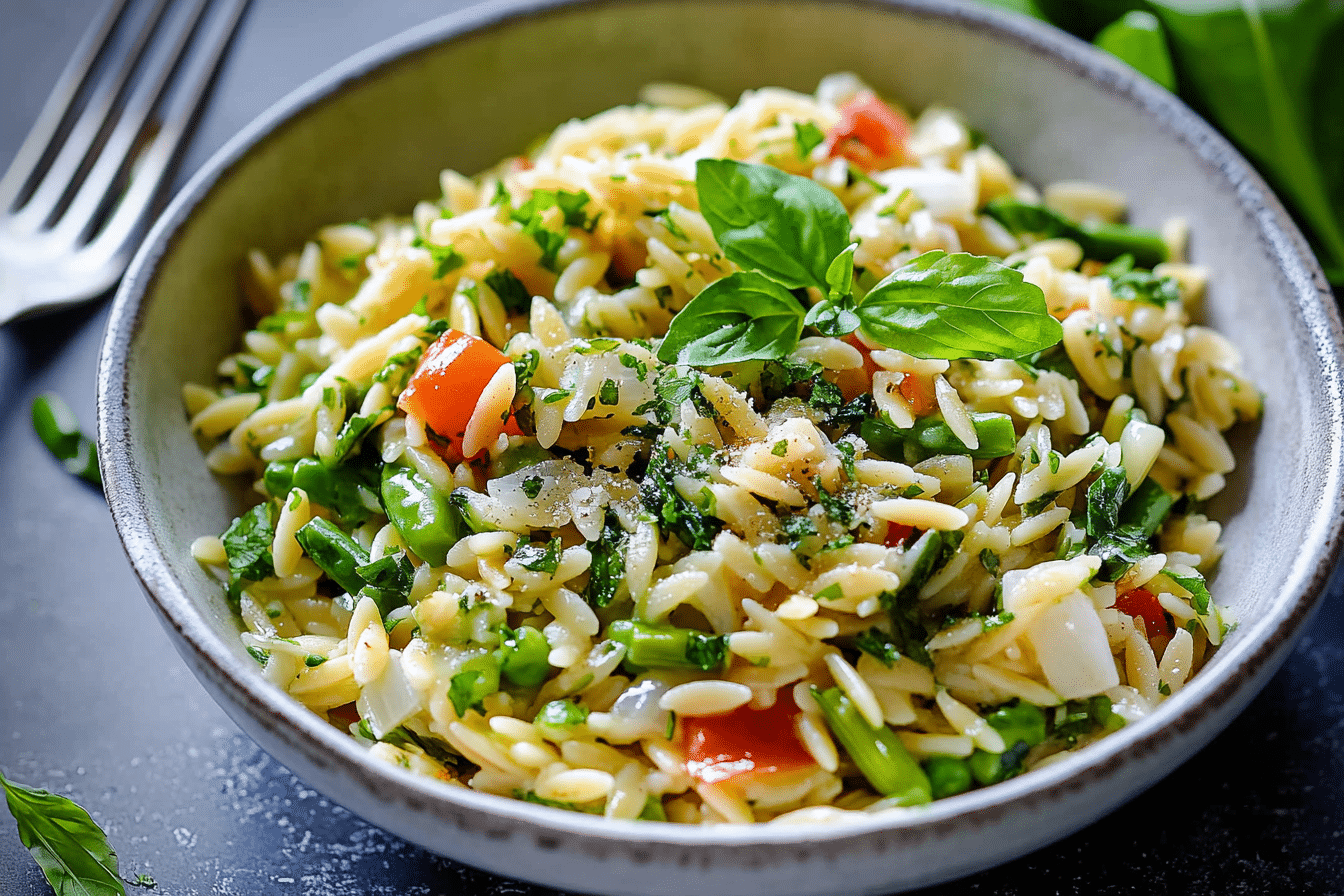 Lemony Orzo with Spring Vegetables, Garlic, and Herbs