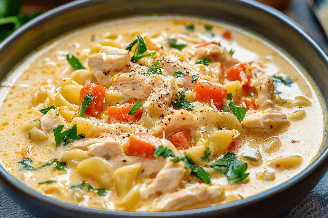 Creamy Parmesan Cajun Chicken Pasta Soup