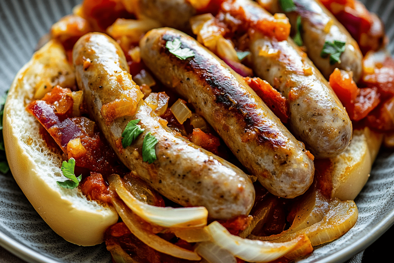 Italian Sausages with Spicy Tomato Sauce and Onions