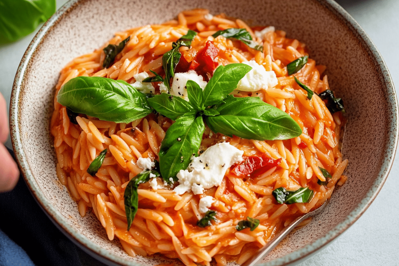 Creamy Goat Cheese & Roasted Red Pepper Orzo