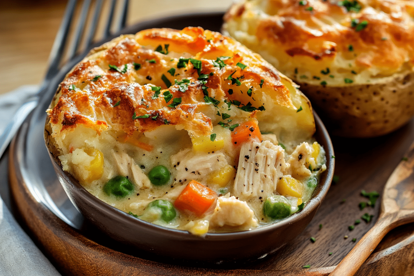 Twice Baked Chicken Pot Pie Potatoes