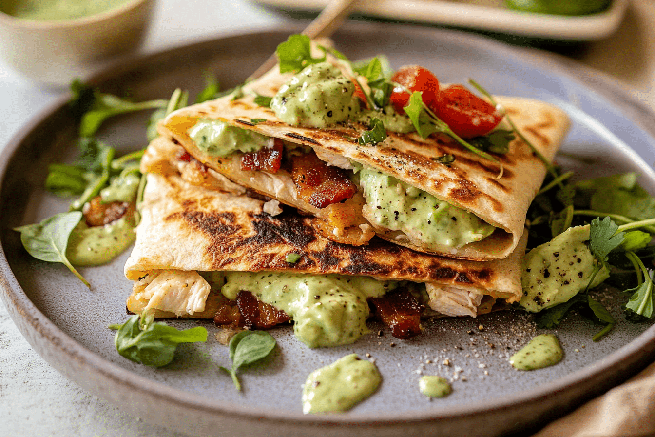Black Pepper Chicken and Salami Quesadillas with Avocado Basil Ranch