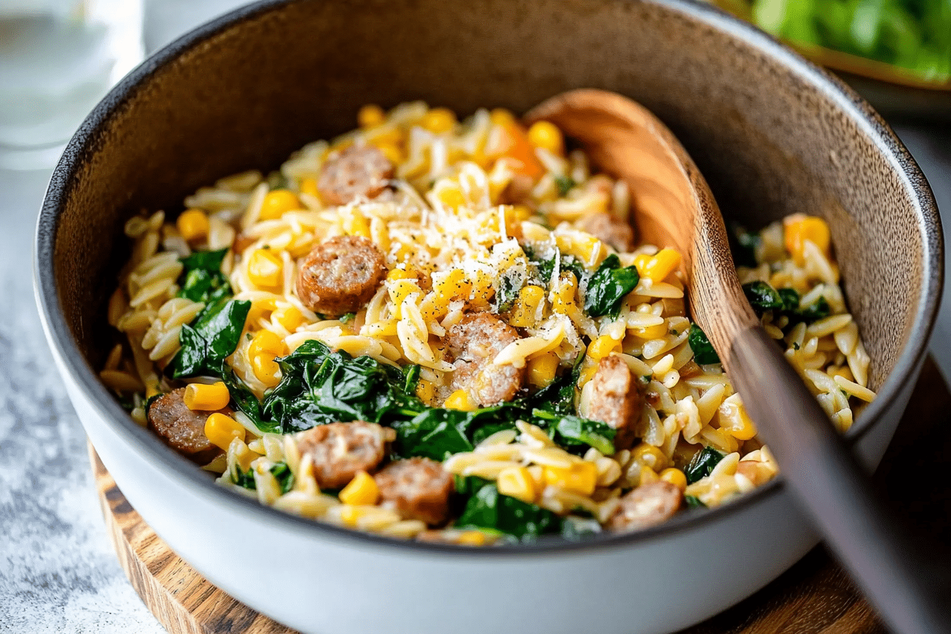 One-Pot Orzo with Sausage, Spinach and Corn