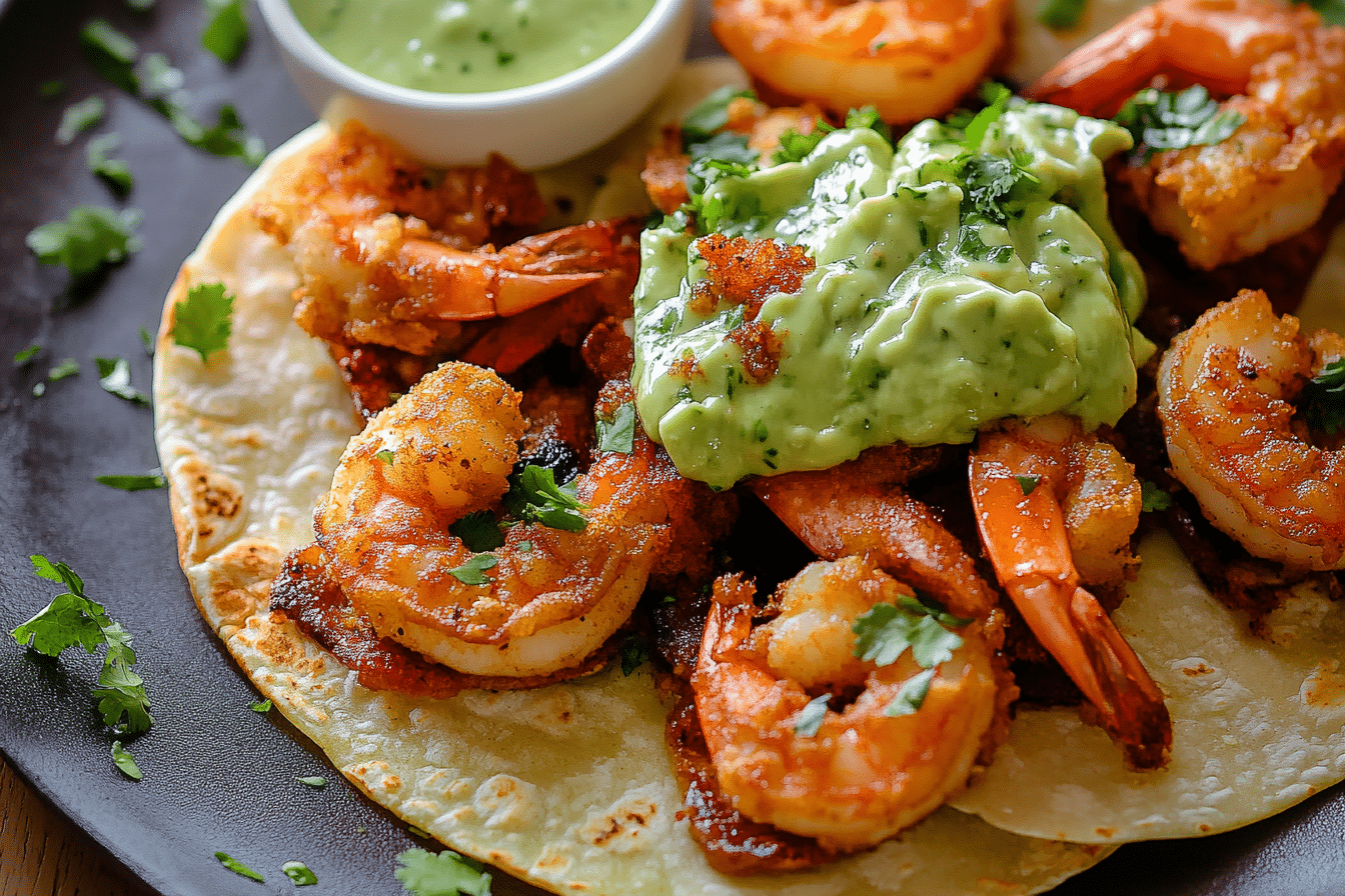 Crispy Shrimp Tacos with Avocado Cilantro Sauce