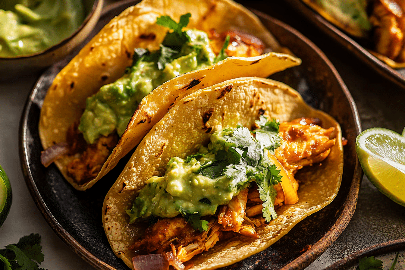 Crockpot Crispy Chicken Tinga Tacos with Avocado Jalapeño Crema