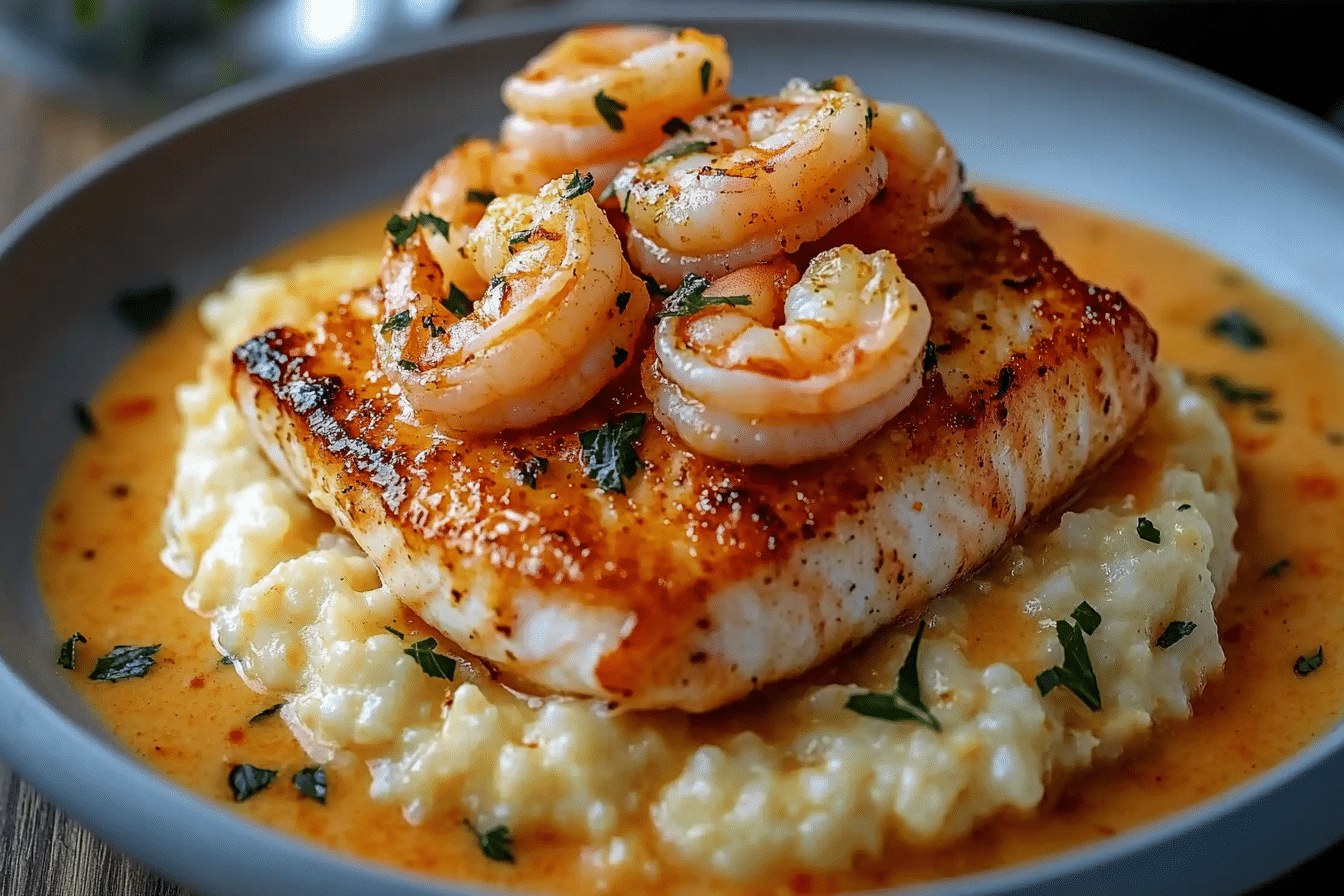 Red Snapper, Shrimp & Grits with a Cajun Cream Sauce