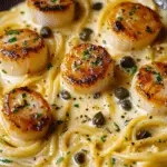 Scallop Spaghetti in Creamy White Butter Garlic Sauce with Capers