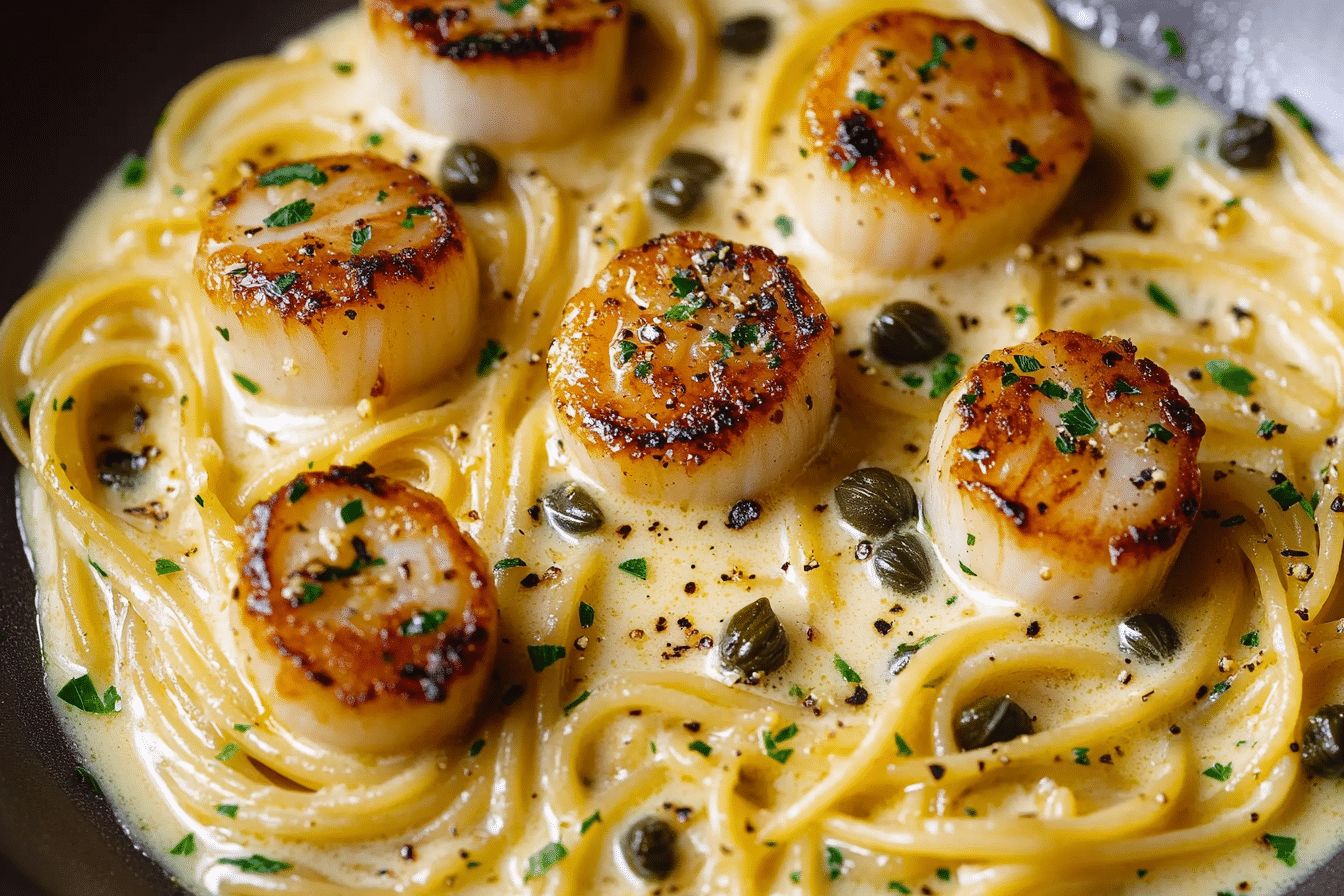 Scallop Spaghetti in Creamy White Butter Garlic Sauce with Capers