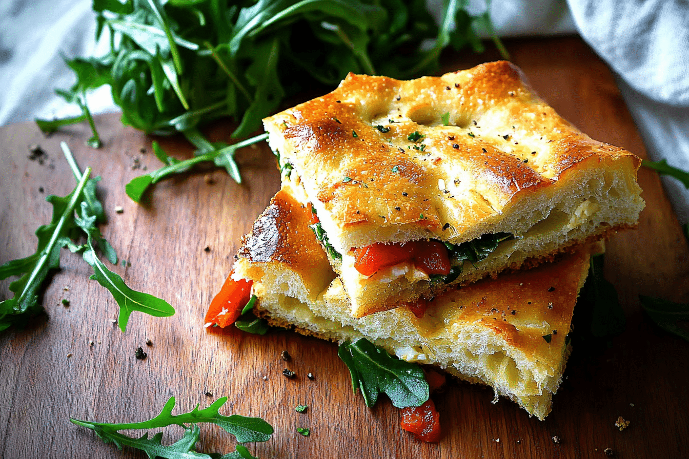Focaccia with Roasted Red Pepper & Arugula