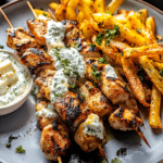 Chicken Tzatziki Skewers and Feta Fries