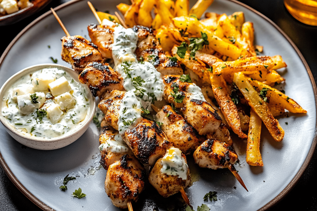 Chicken Tzatziki Skewers and Feta Fries