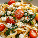 Mediterranean Pasta with Feta Cheese, Spinach, Garlic, and Cherry Tomatoes