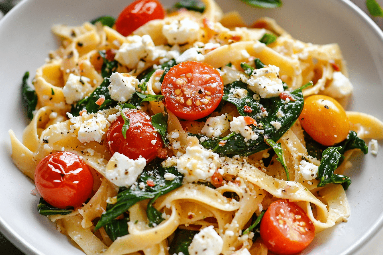 Mediterranean Pasta with Feta Cheese, Spinach, Garlic, and Cherry Tomatoes