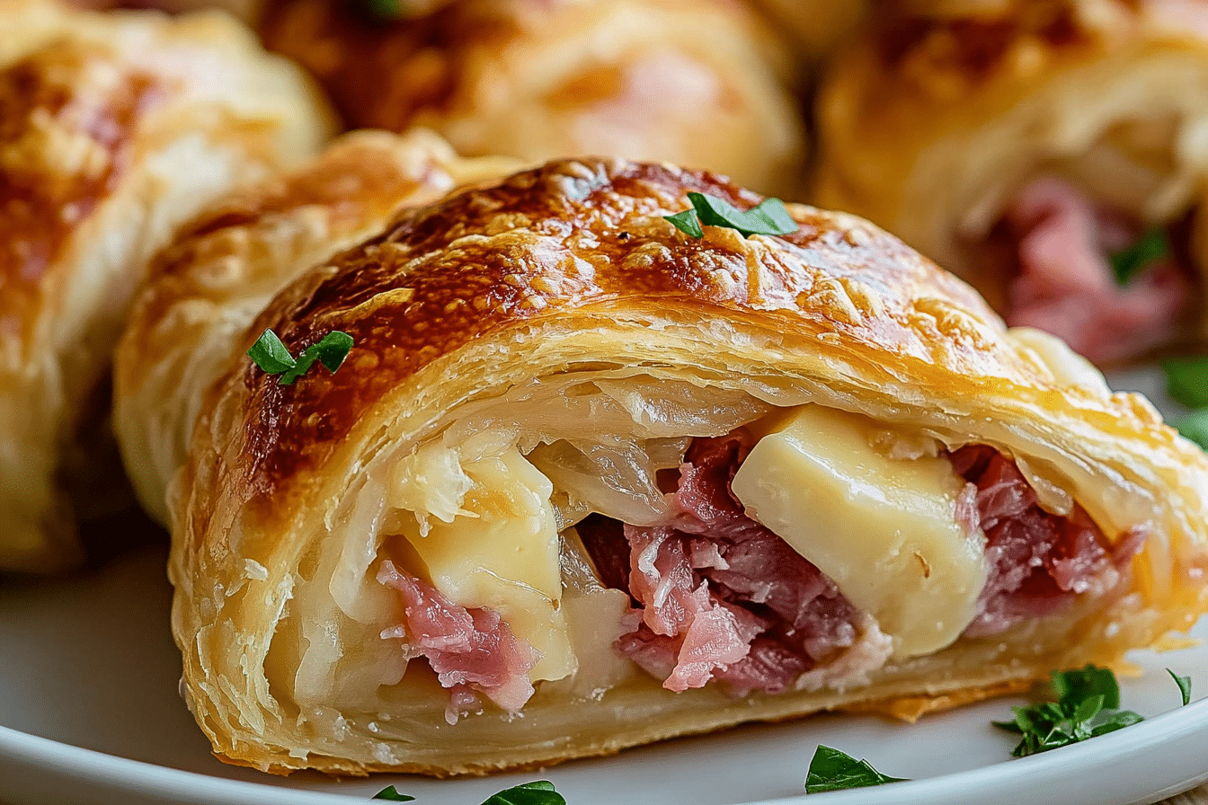 Golden Crescent Rolls Stuffed with Corned Beef, Swiss Cheese, and Sauerkraut